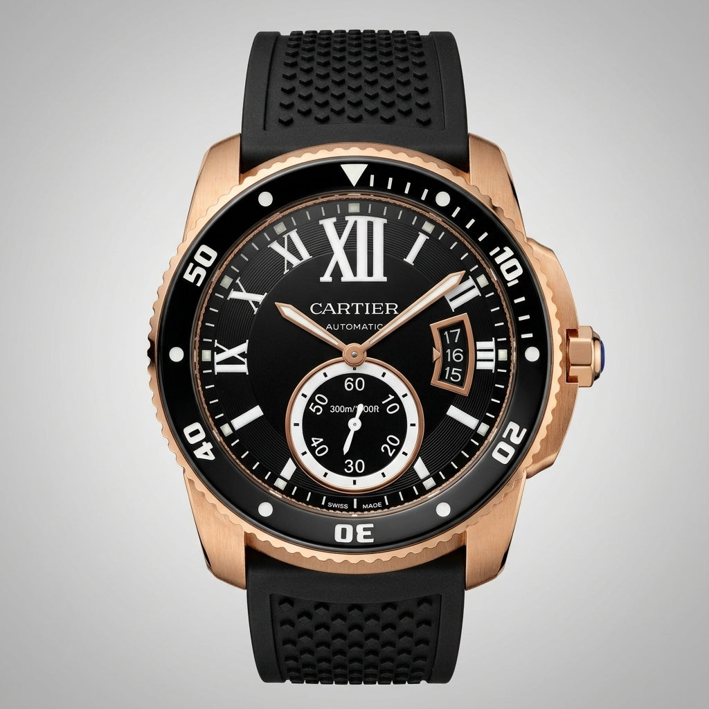 Calibre de CT Diver Rose Gold Color and Stainless Steel Case with Black Bezel and Black Rubber Strap
