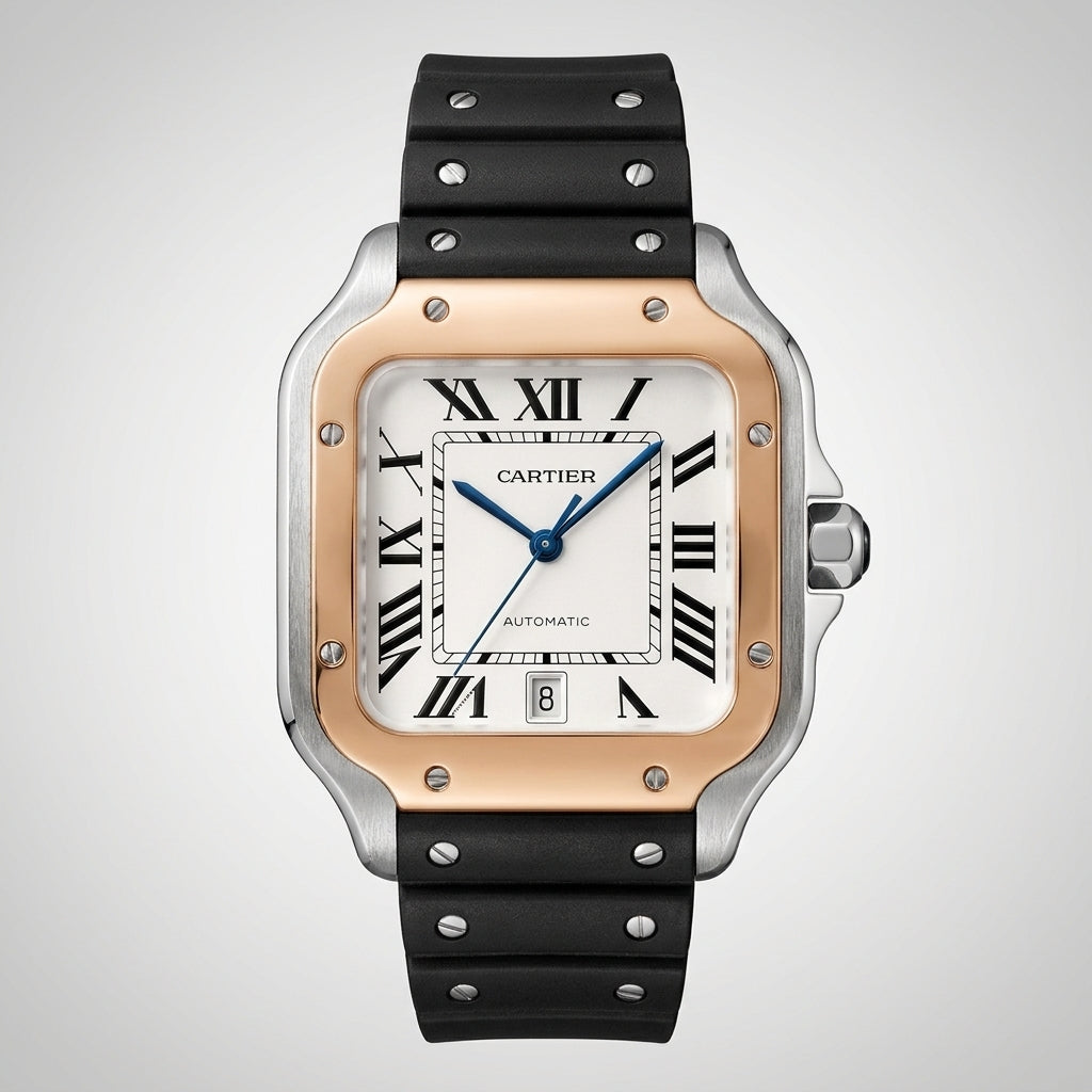 Santos de CT Steel Rose Gold Color Bezel Black Rubber Strap
