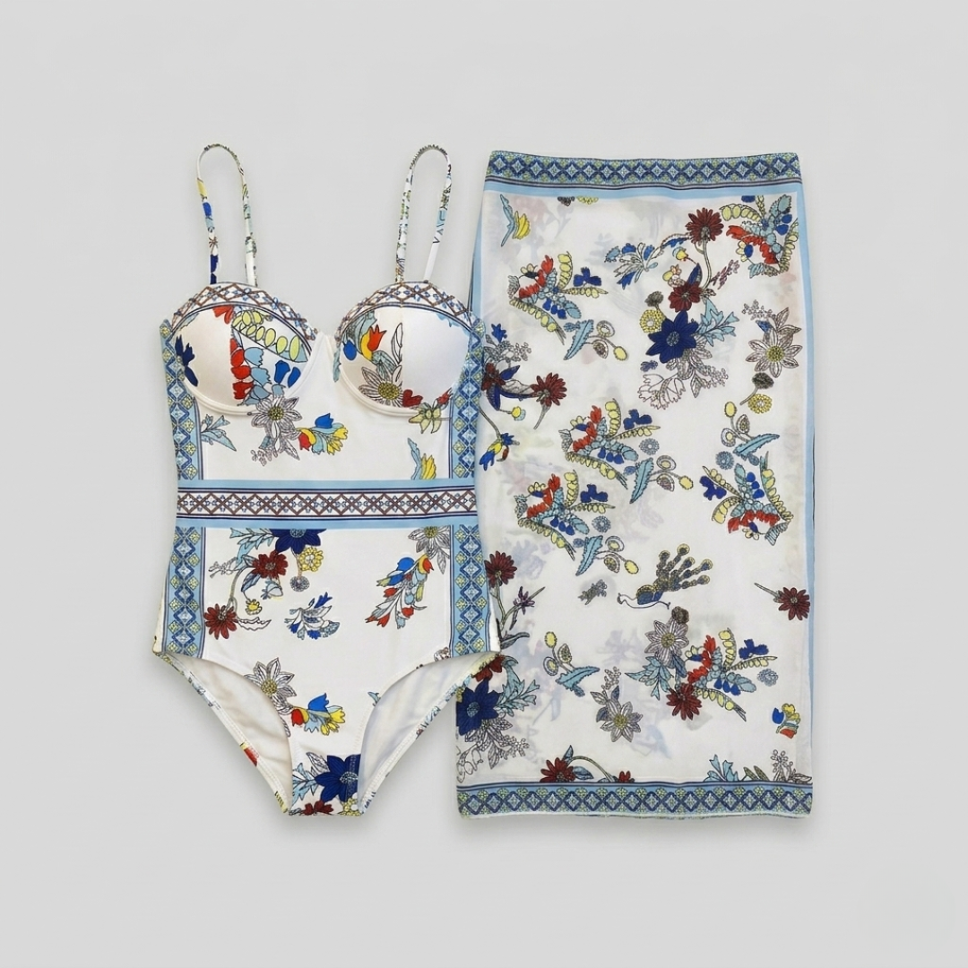 Costume da Bagno Bikini a Fascia e Sarong Stampa Floreale Bianco