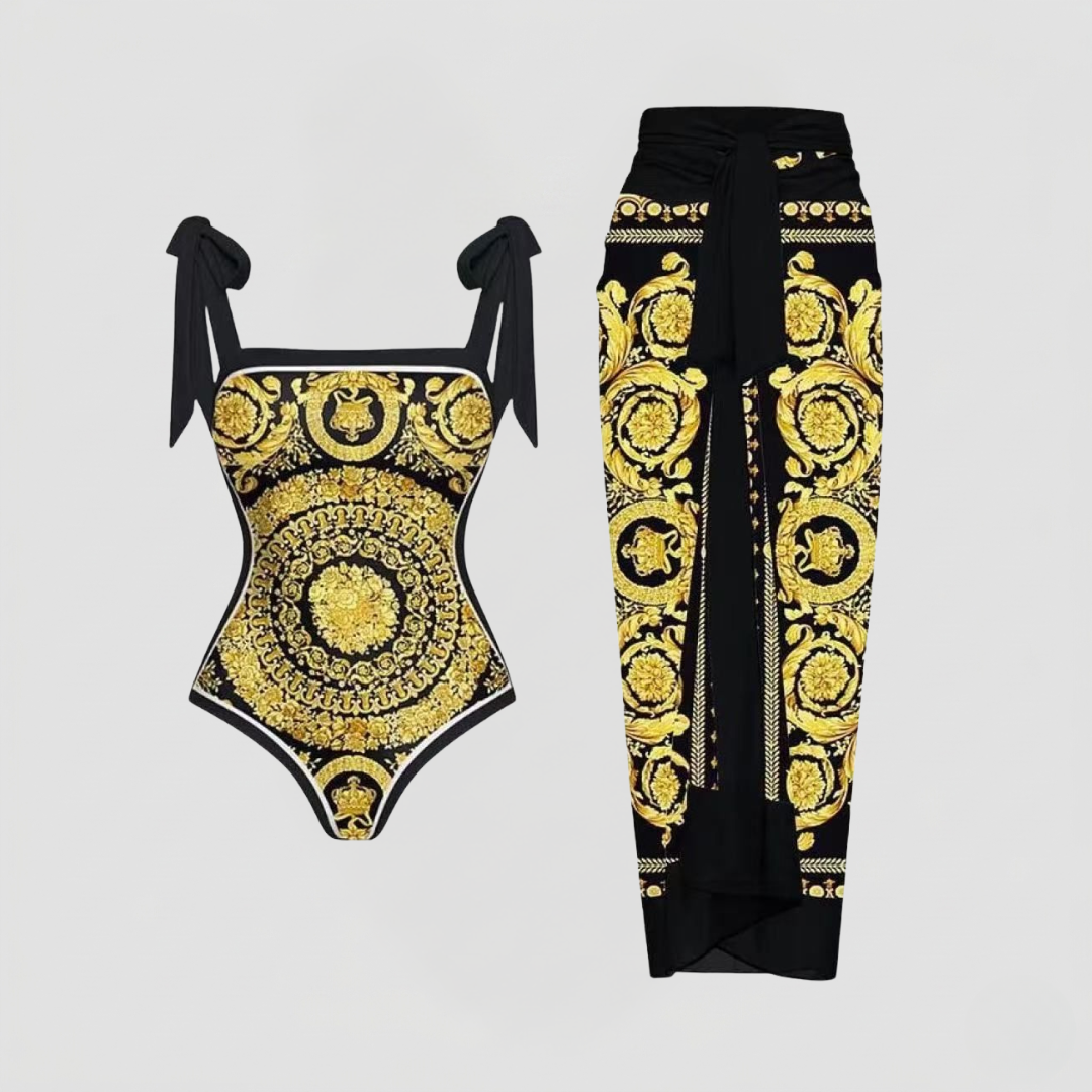 Costume Intero e Sarong Stampa Barocco Gold Nero