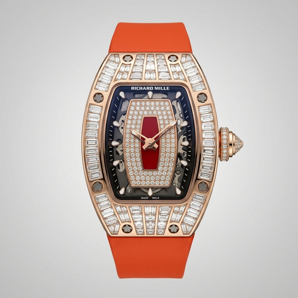 RM Diamond Baguette Rose Gold Color Case with Orange Strap