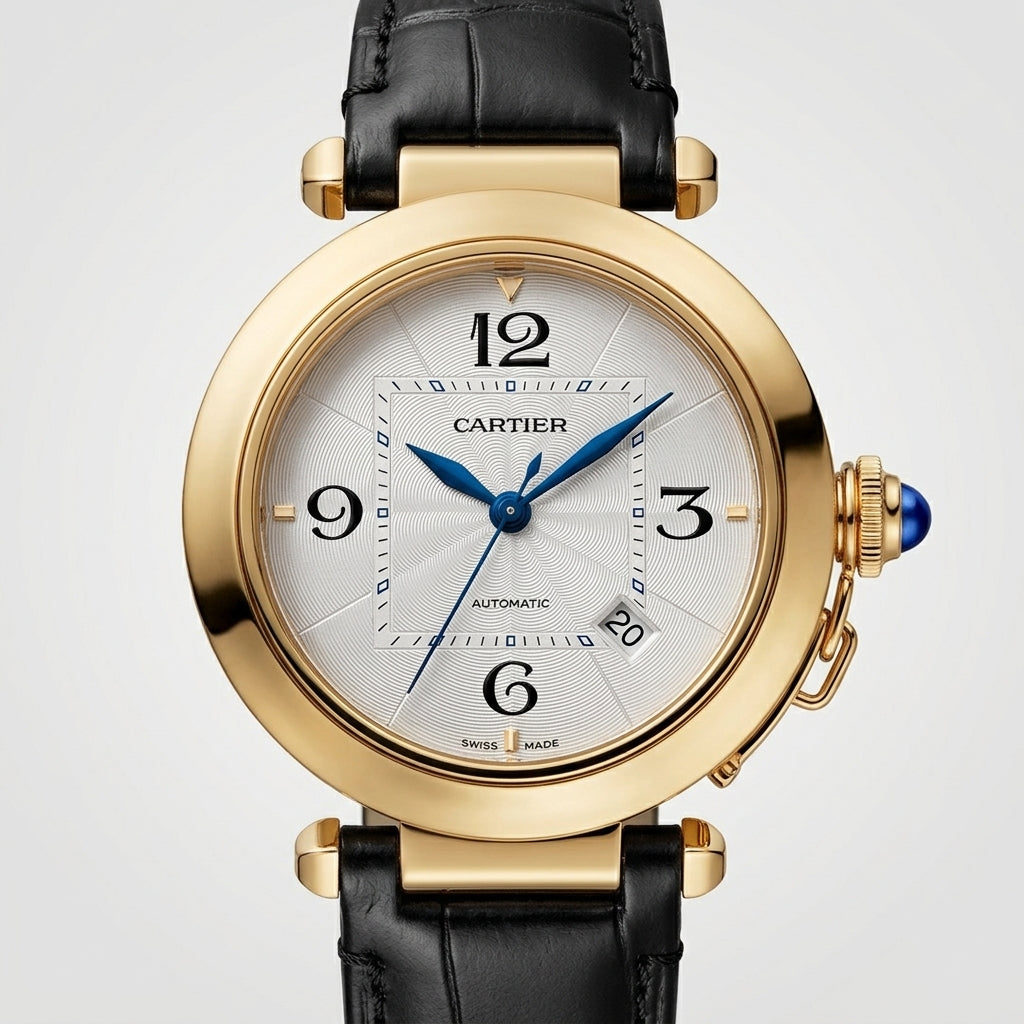 Pasha de CT Automatic with Date Yellow Gold Color Case and Black Alligator Leather Strap