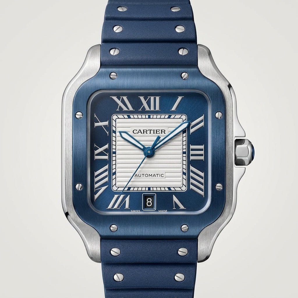 Santos de Cartier Automatic Stainless Steel Case with Blue PVD-Coated Bezel and Blue Rubber Strap
