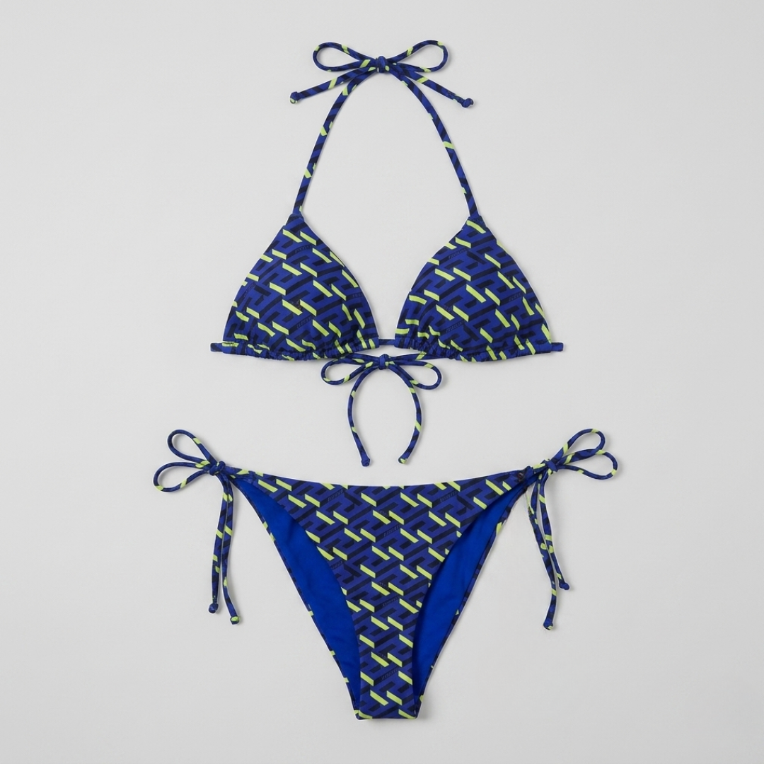 Costume da Bagno Bikini Triangolo Motivo Greca Blu Giallo