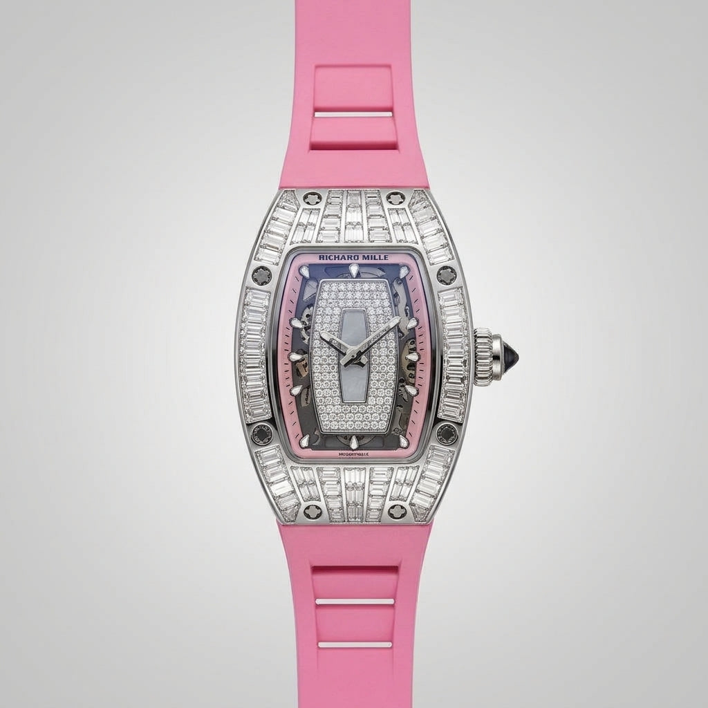 RM Diamond Baguette Steel Color Case with Pink Strap