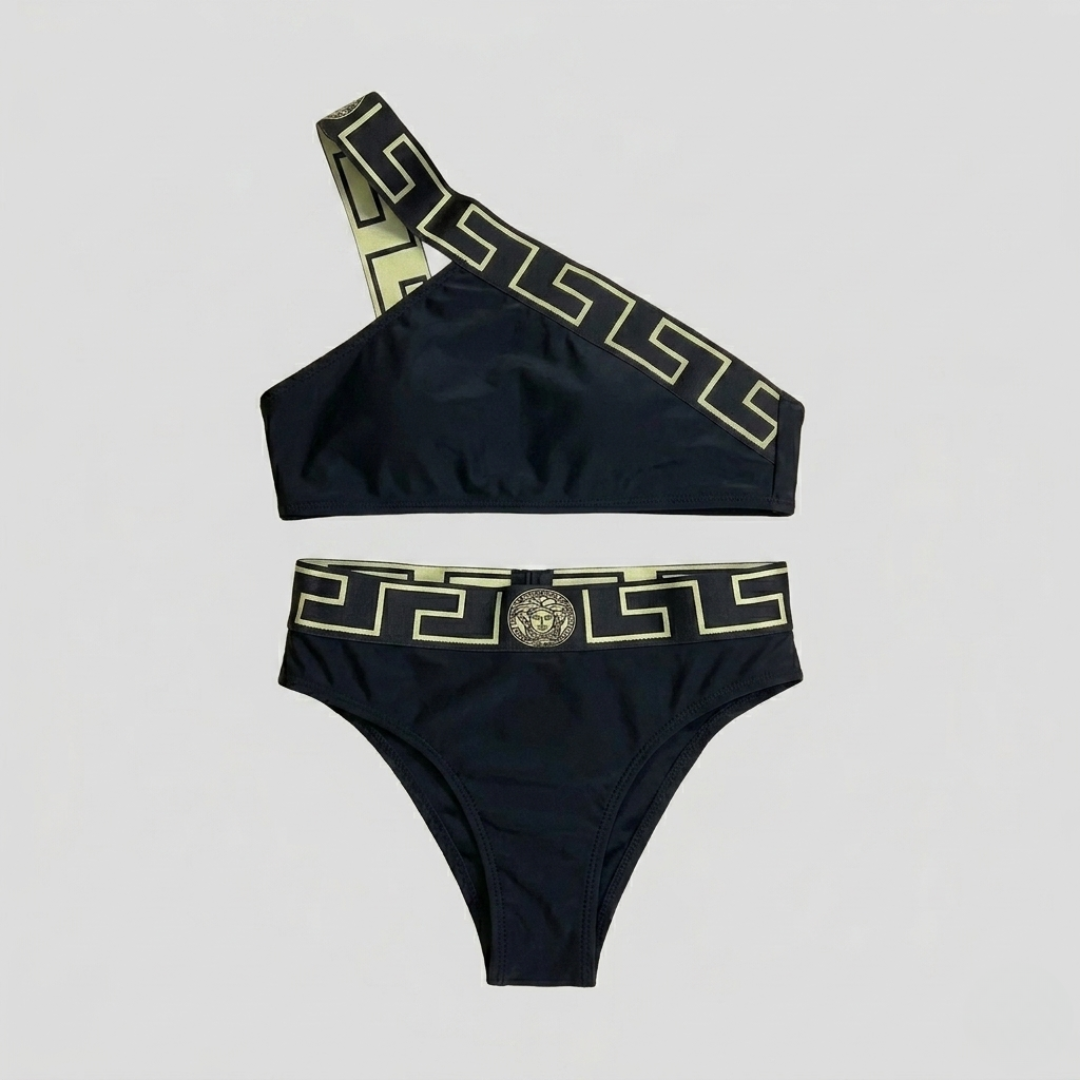 Costume da Bagno Bikini Vita Alta Dettaglio Greca Nero
