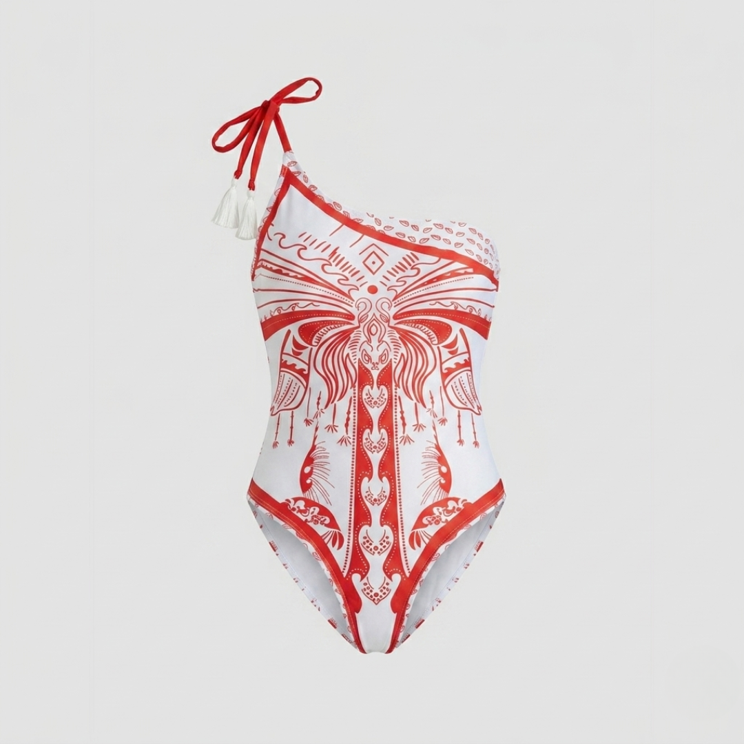 Costume Intero Asimmetrico Stampa Motif Rosso