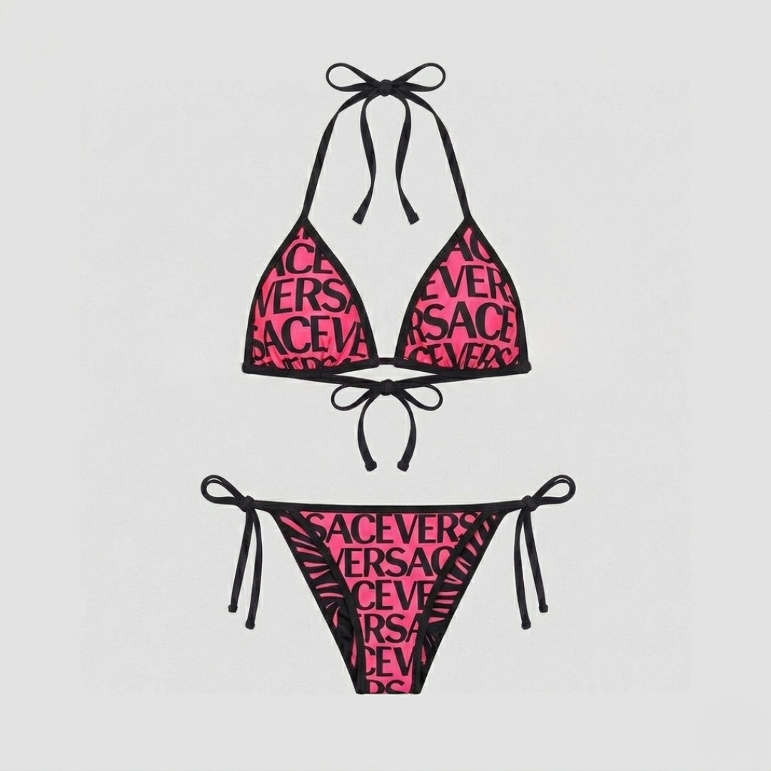 Costume da Bagno Bikini Stampa Logo Fucsia Nero