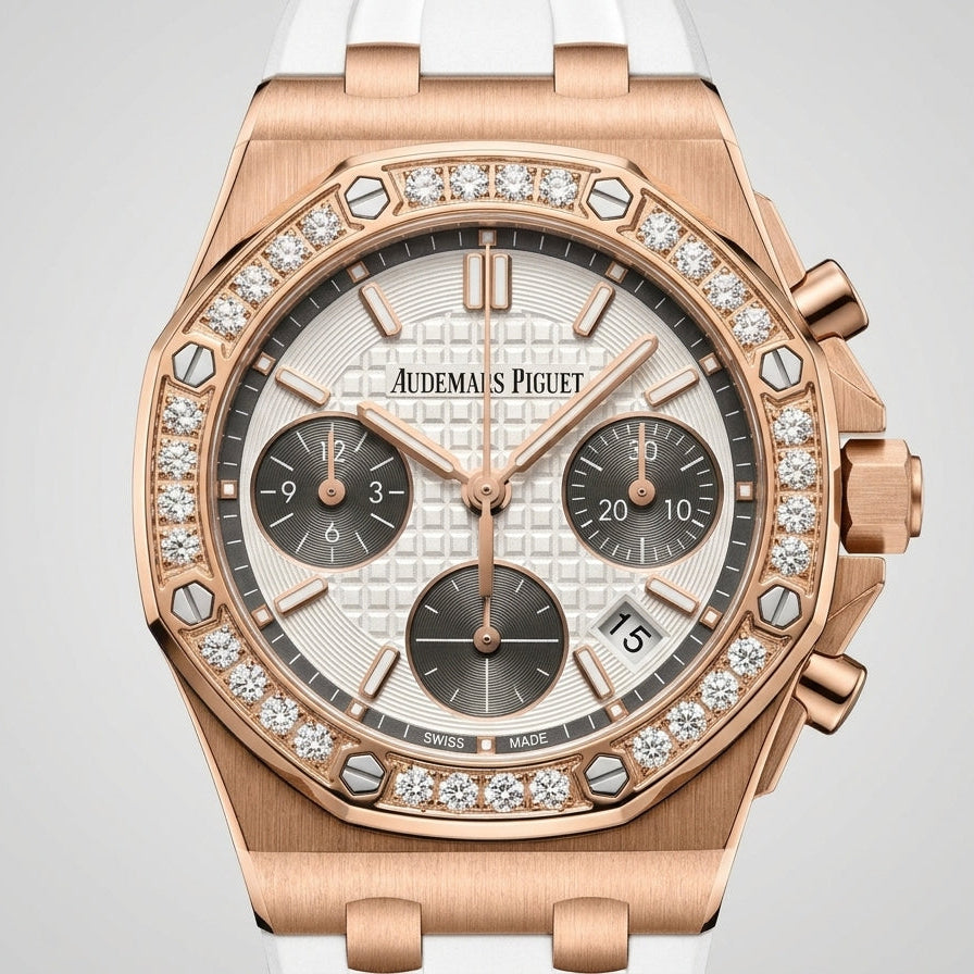 AP Royal Oak Offshore Rose Gold Diamond Bezel White Strap