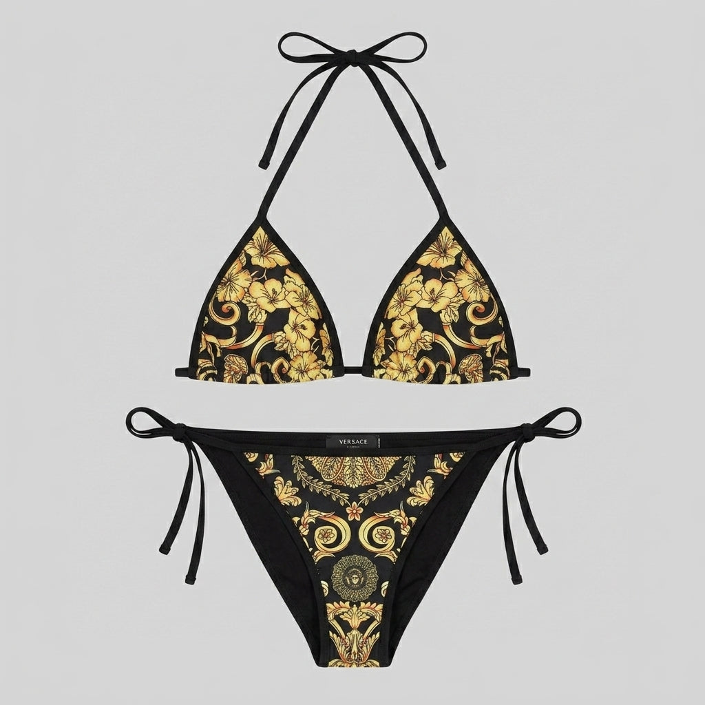 Bikini Set Stampa Barocco Hibiscus Nero