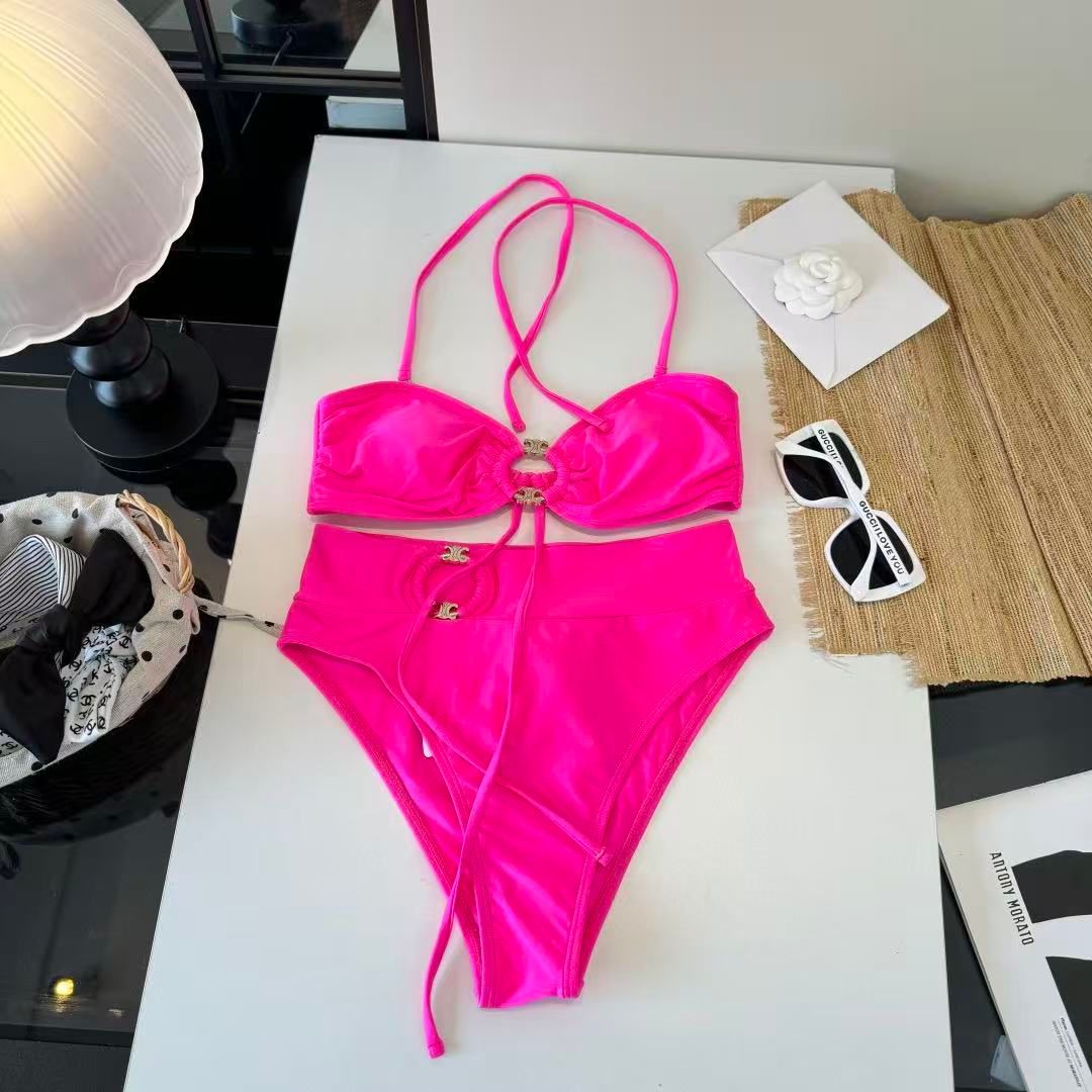 Bikini Set Triomphe Vita Alta Rosa Neon con Dettagli Oro
