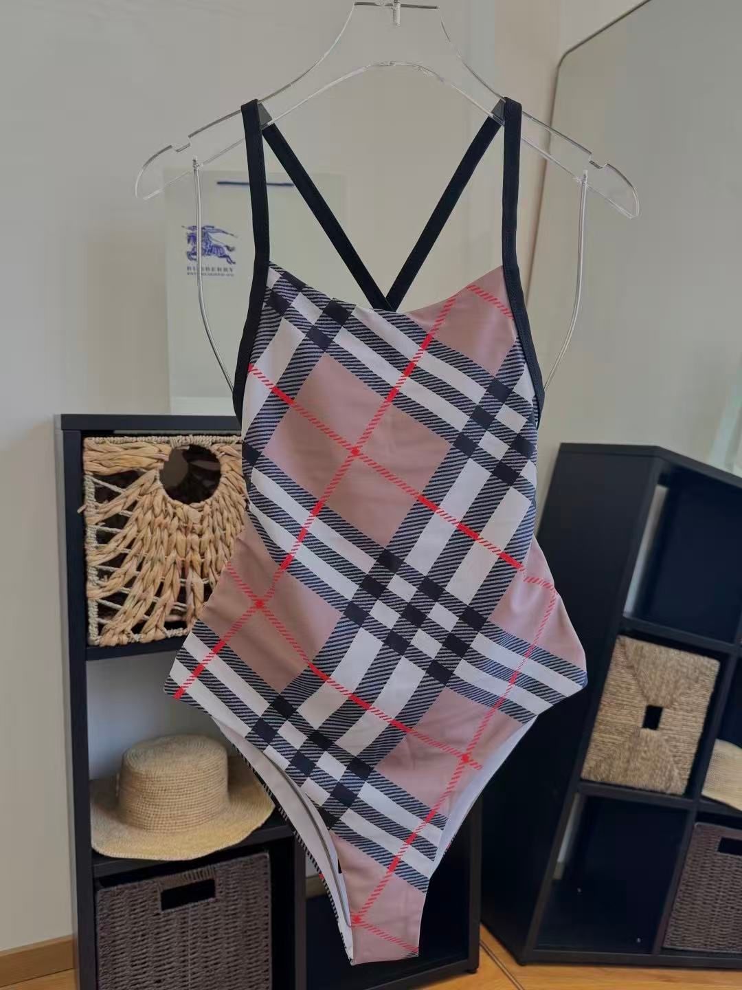 Costume Intero con Incrocio sul Retro Stampa Check