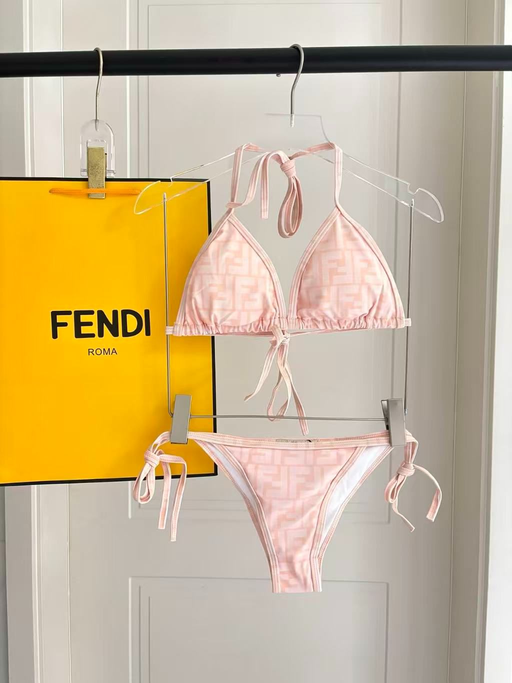 Bikini a Triangolo con Motivo Logo FF Rosa Pastello