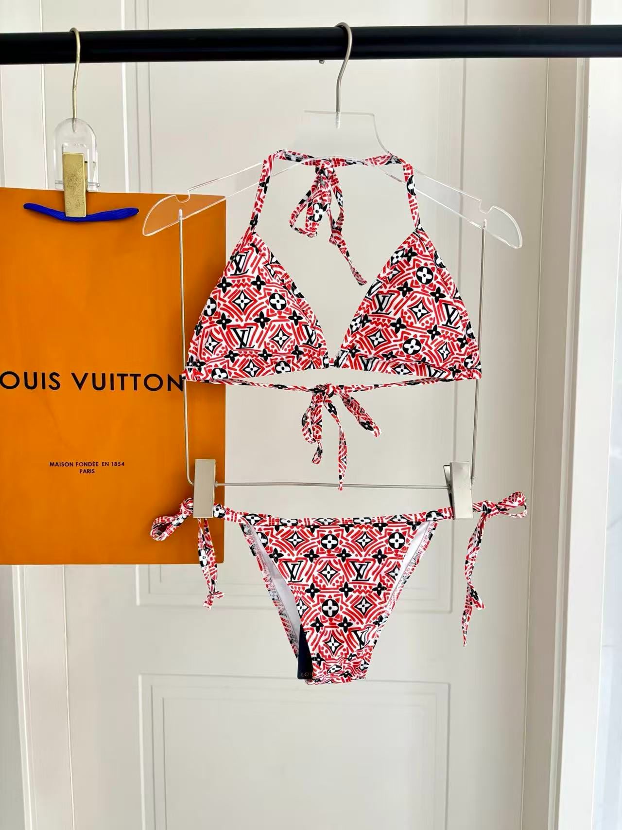 Bikini Geometric Monogram Print Rosso/Nero
