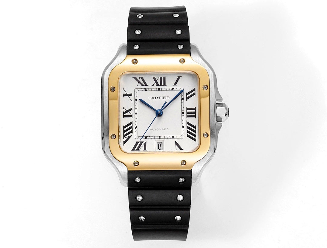 Santos de CT Steel Yellow Gold Color Bezel Black Rubber Strap