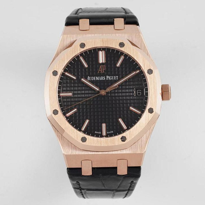 AP Royal Oak Rose Gold Black Leather Strap