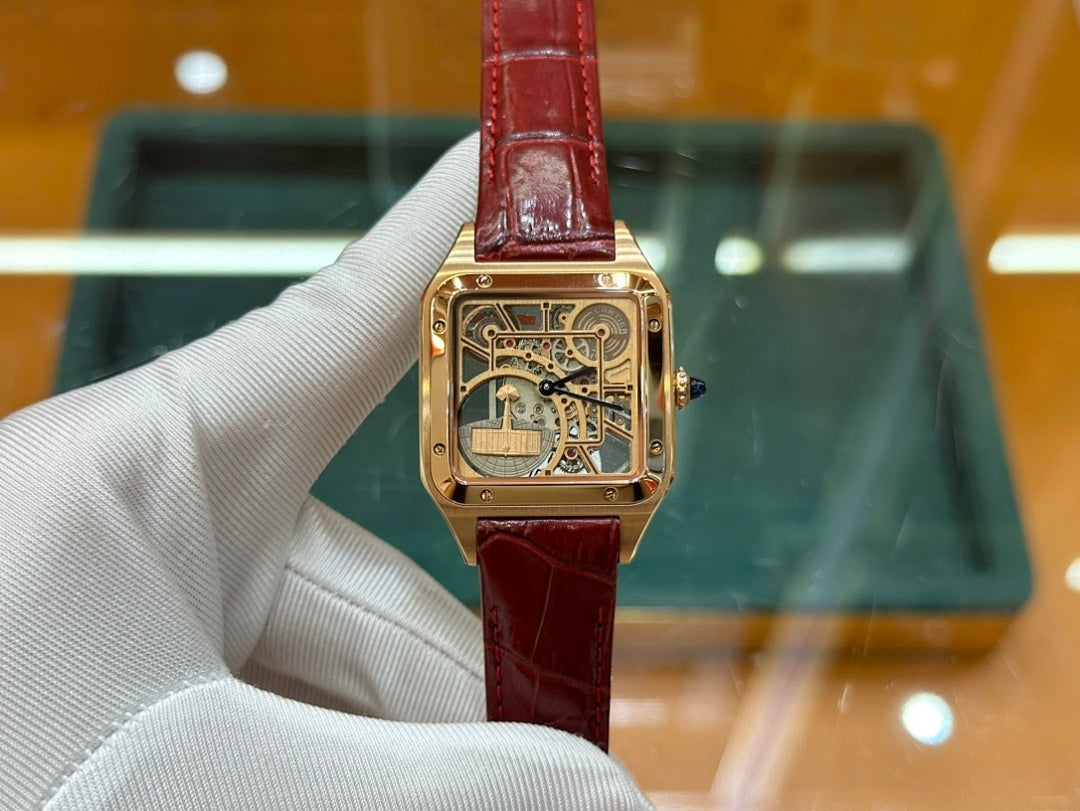 Santos de CT Skeleton Rose Gold Color Case with Openworked Brigde Dial and Burgundy Leather Strap