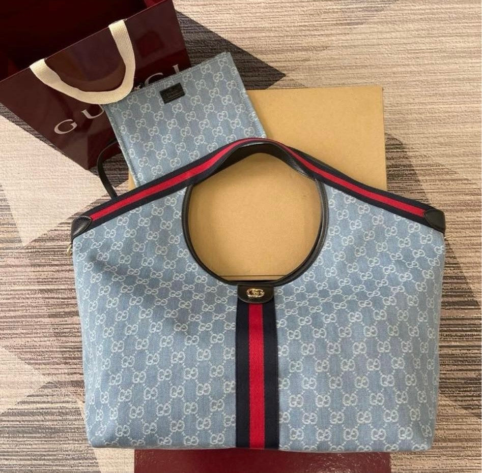 Borsa shopping GG Giglio misura grande in tessuto azzurro e bianco
