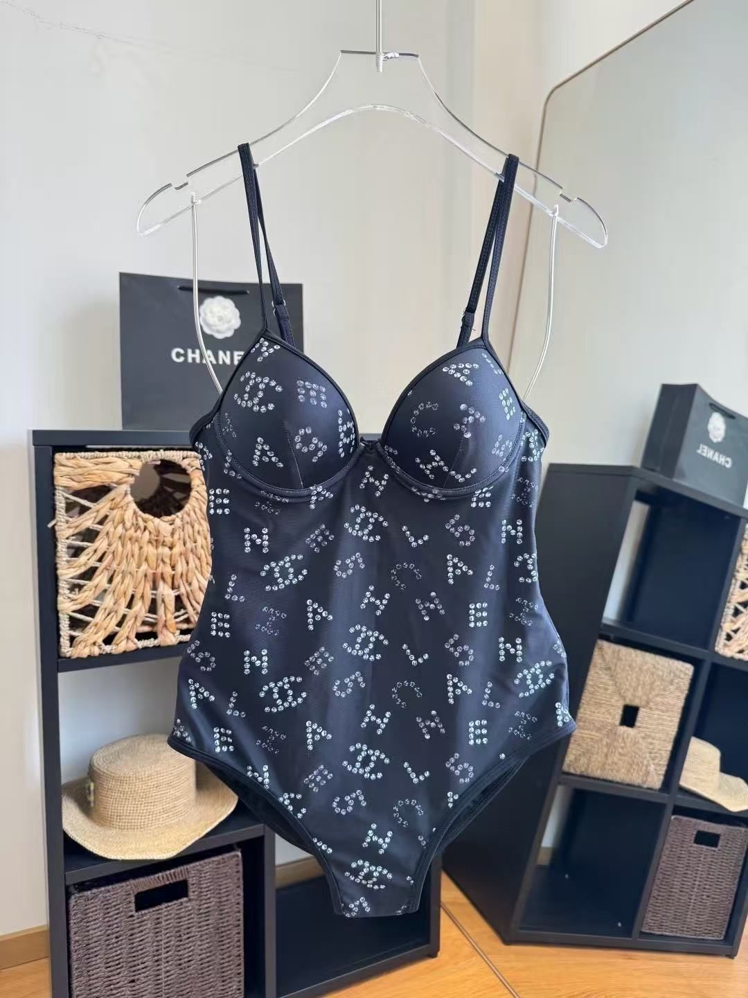 Costume Intero con Logo All-over Nero