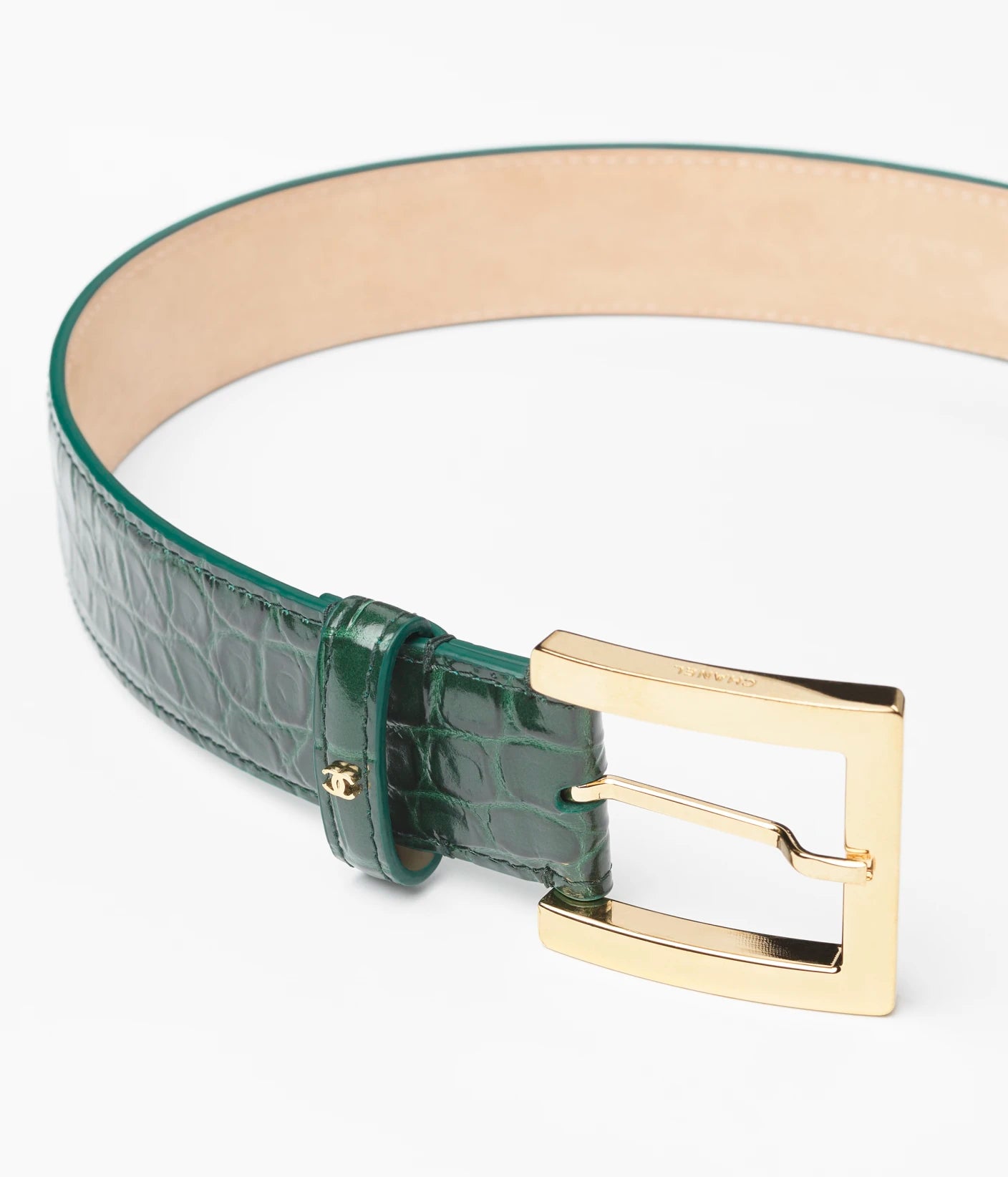 Cintura in pelle di vitello goffrata coccodrillo e metallo in verde e oro