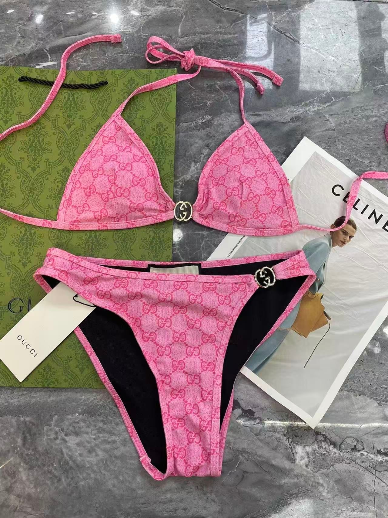 Bikini in jersey stretch con stampa GG rosa