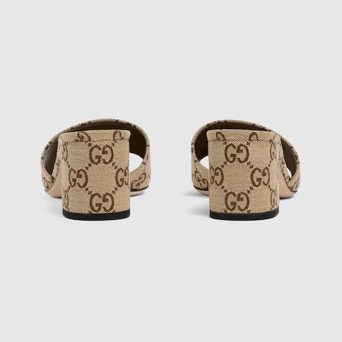 Women's slider sandal with GG camel and brown fabric clamp