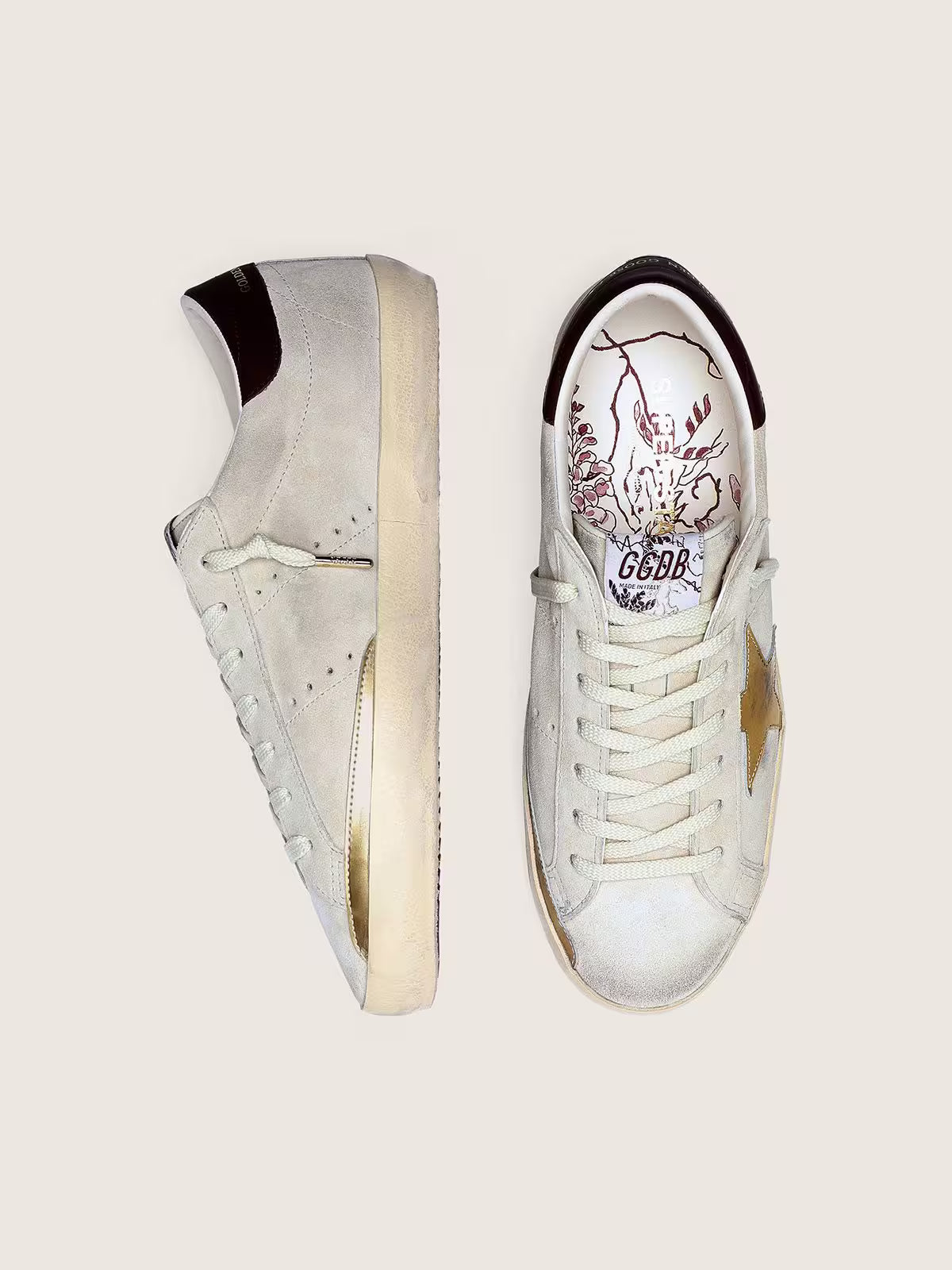 Ivory suede with laminated leather star and leather heel tab
