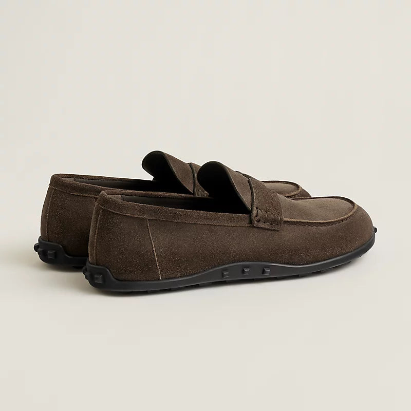 Brown suede loafers with H buckle