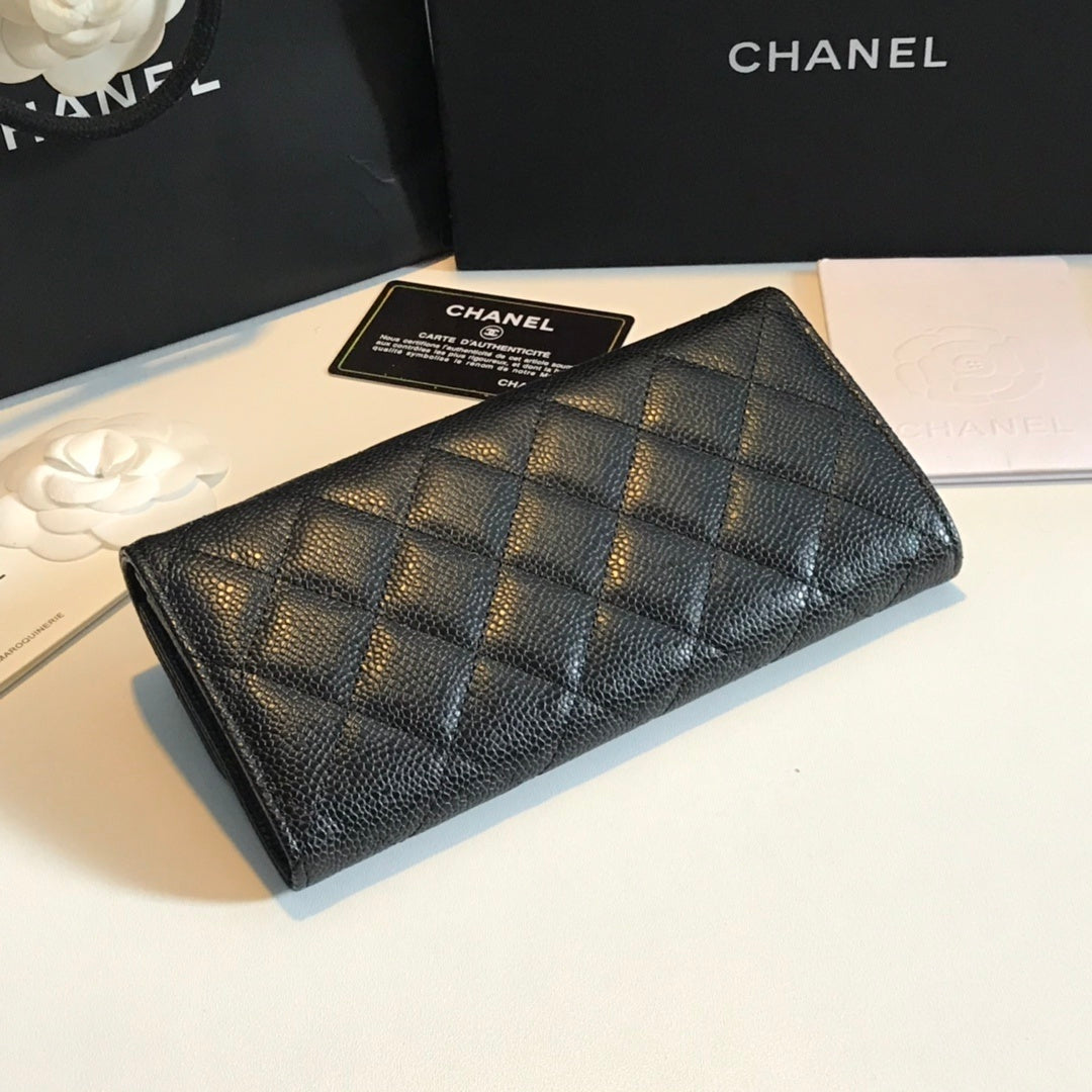 Classic quilted black leather flap wallet