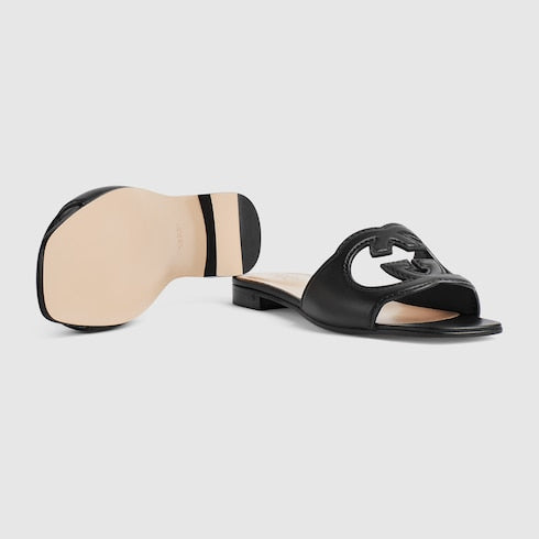 Women's slider sandal with black leather GG Interlock