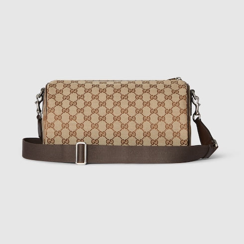 Small cylindrical bag in beige and dark brown GG fabric