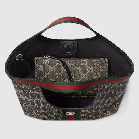 GG Giglio small shopping bag in black and white GG denim