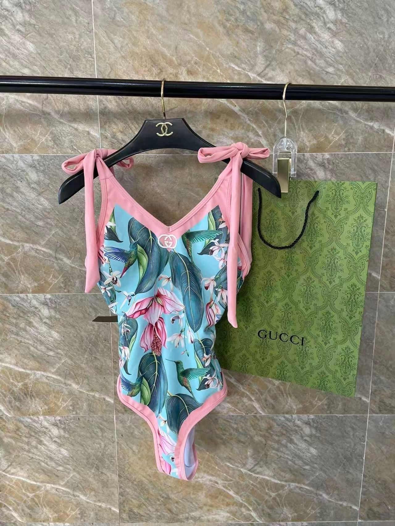 Costume Intero Stampa Floreale Colibrì Azzurro