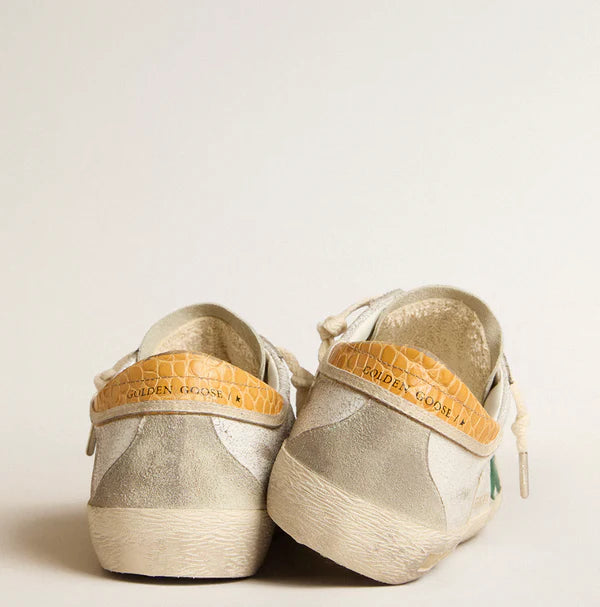 Green suede star and yellow crocodile-print leather heel tab
