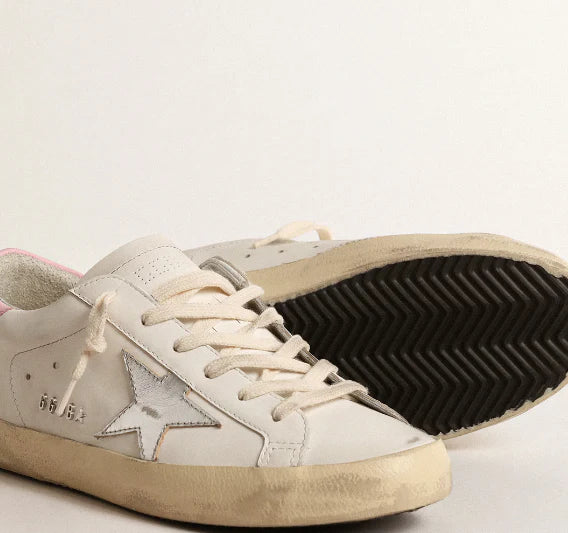Silver leather star and pink heel tab