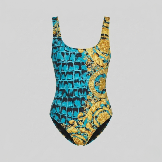 Costume Intero Stampa Barocco Coccodrillo Blu