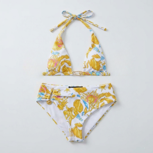 Costume da Bagno Bikini Stampa Conchiglie Marine Giallo