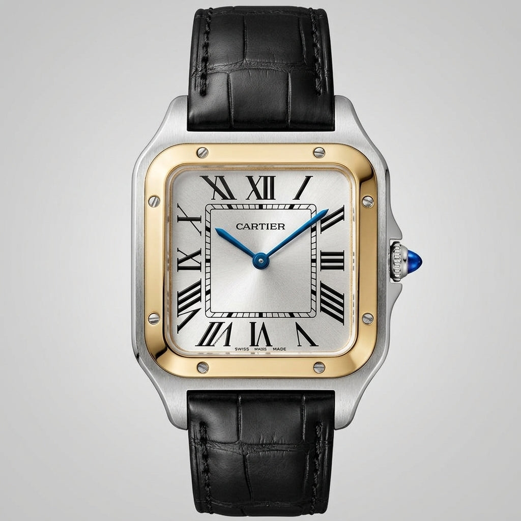 Santos-Dumont XL Stainless Steel Case with Satin-Finished Silver Dial and Black Alligator Leather Strap