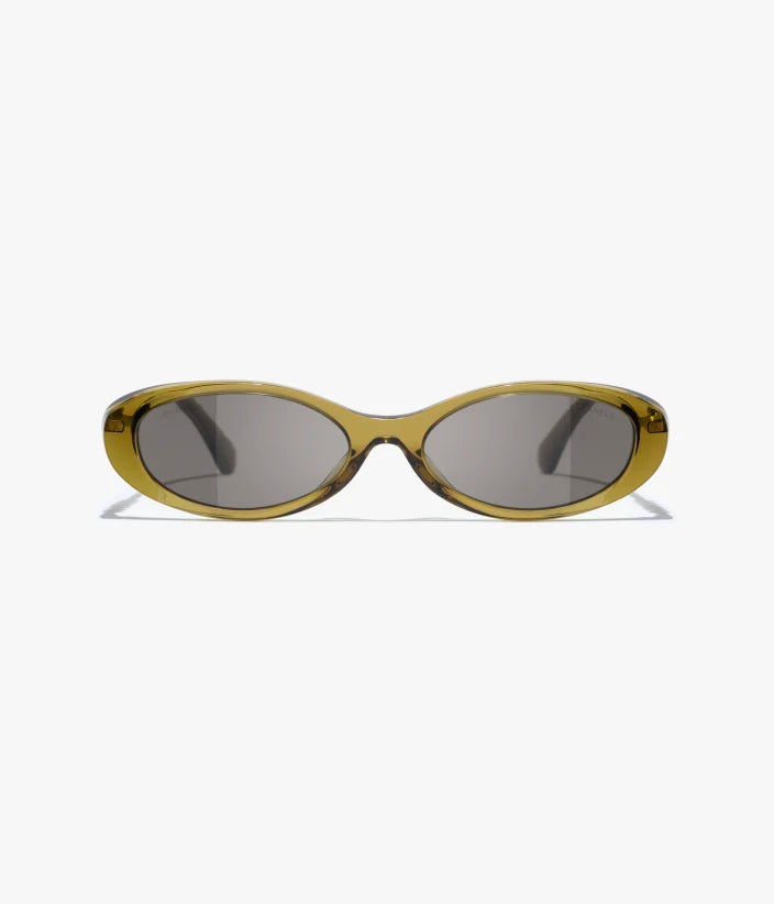 Occhiali da sole ovali in acetato e metallo color oliva con lenti marrone scuro