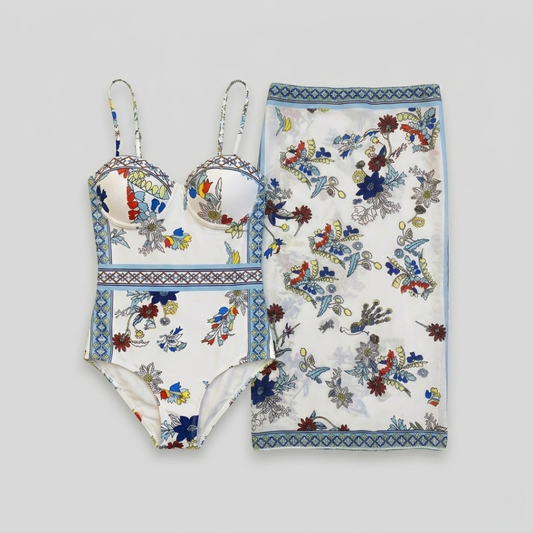 Costume da Bagno Bikini a Fascia e Sarong Stampa Floreale Bianco