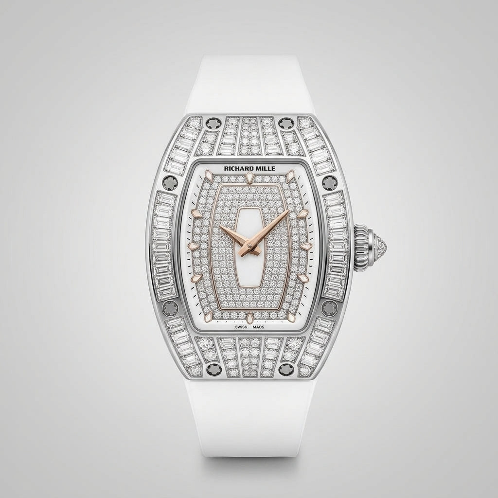 RM Diamond Baguette Skeleton White Gold Case Edition and White Rubber Strap