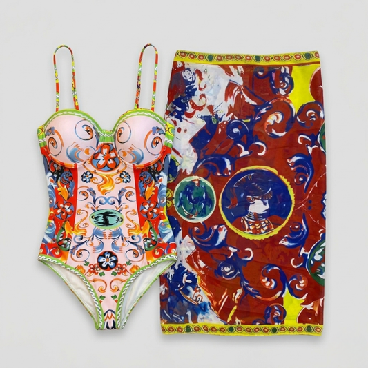 Costume da Bagno Bikini a Fascia e Sarong Stampa Multicolore