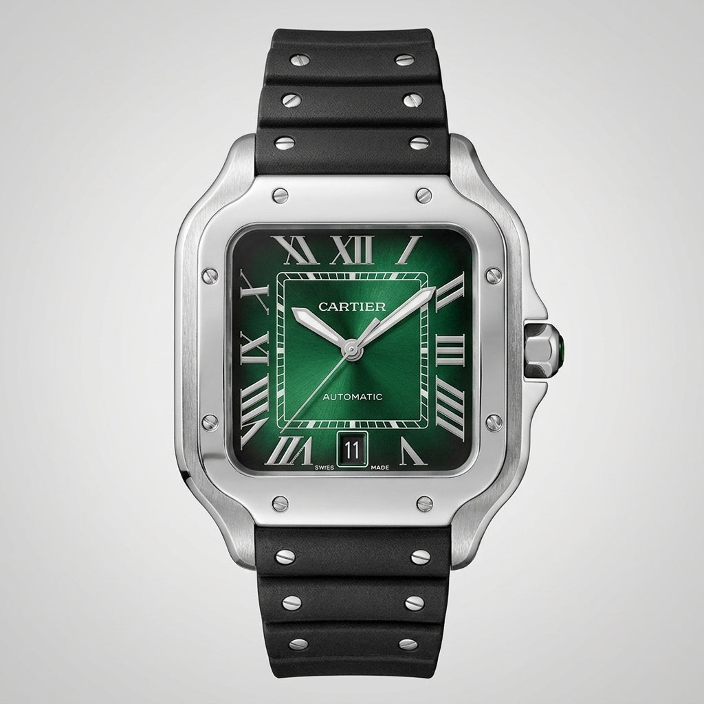 Santos Automatic Stainless Steel Case with Gradient Green Sunburst Dial and Black Rubber Strap