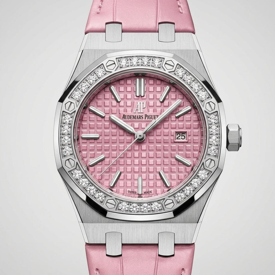 AP Royal Oak Steel Diamond Bezel Pink Dial and Pink Leather Strap