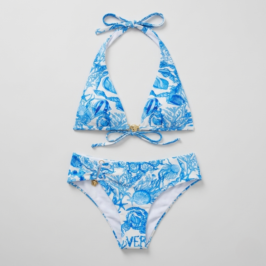 Costume da Bagno Bikini Stampa Conchiglie Marine Blu