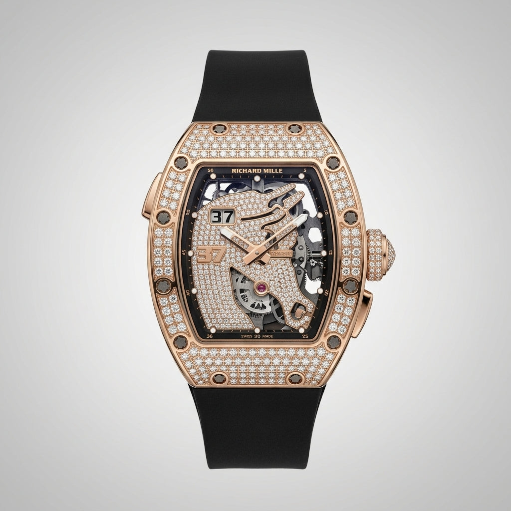 RM Diamond Pave Rose Gold Color Case with Black Strap