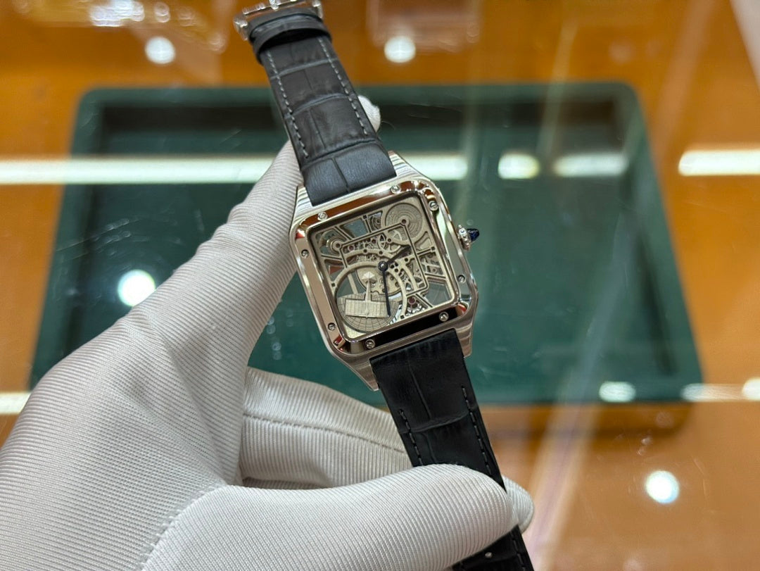 Santos Dumont Skeleton Stainless Steel Case with Openworked Dial and Black Leather Strap