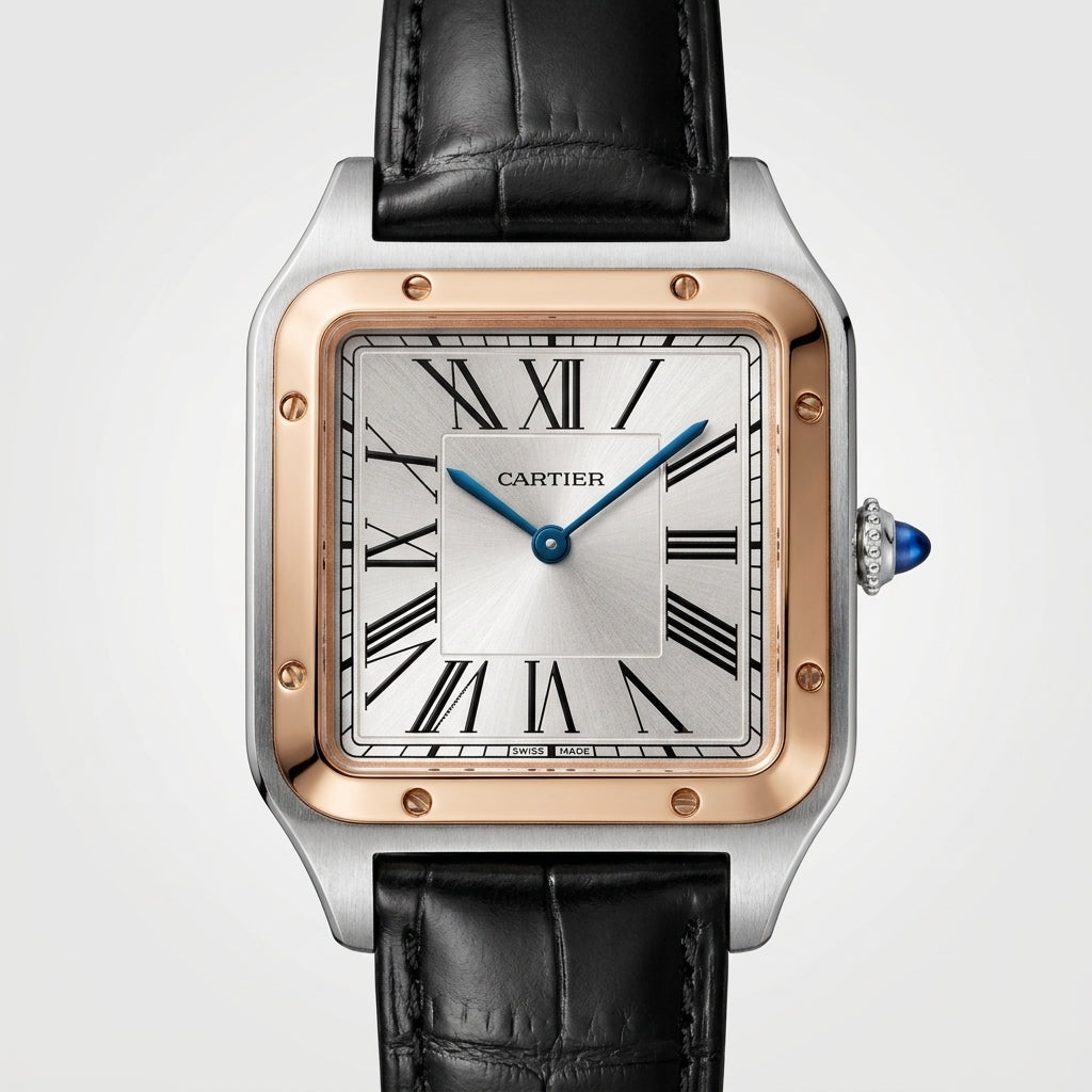 Santos-Dumont Large Model Rose Gold Color Bezel with Stainless Steel Case