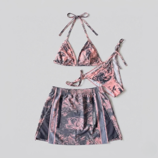 Bikini con Stampa Foresta Selvaggia e Gonna Utility Rosa