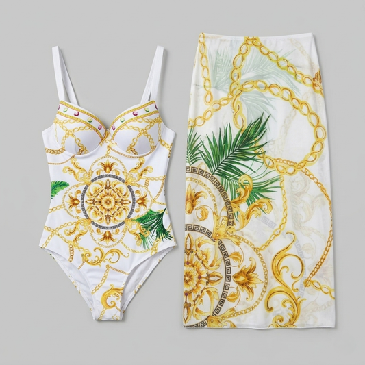 Costume Intero e Sarong Stampa Barocco Chain Bianco